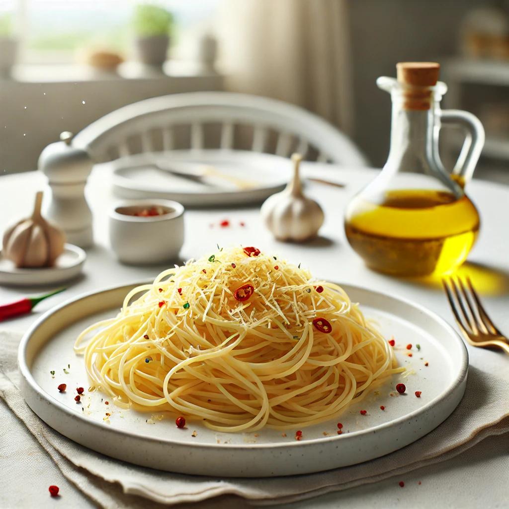 Piatto di spaghetti con aglio, olio e peperoncino, servito su un piatto elegante con formaggio grattugiato