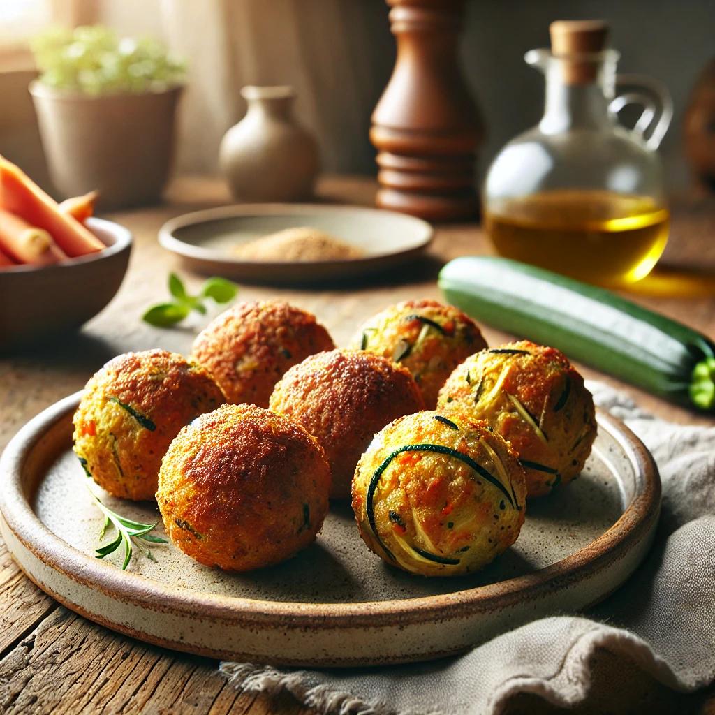 Immagine di polpette di verdure appena sfornate, dorate e servite su un piatto rustico in una cucina accogliente.