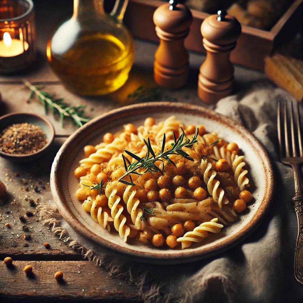 Piatto di pasta e ceci con rosmarino e olio d'oliva su tavola rustica