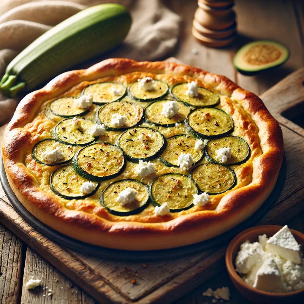 Immagine naturale di una torta salata appena sfornata con zucchine e feta, su un tavolo rustico