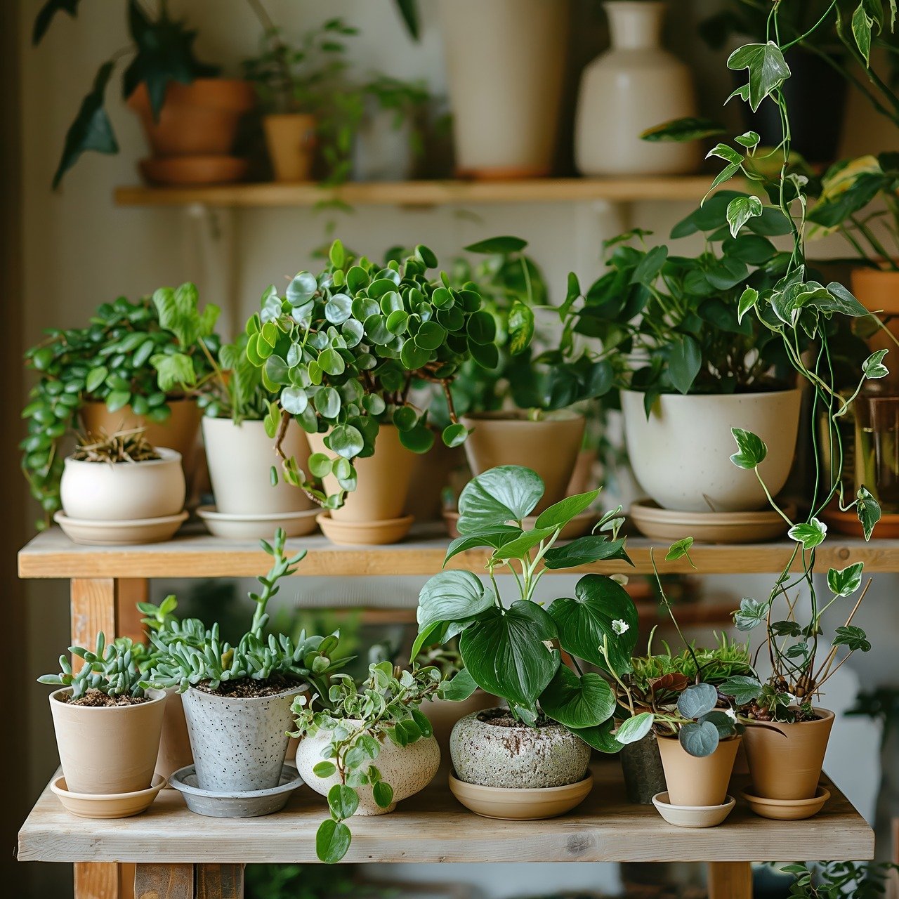 Immagine di piante da appartamento facili da curare come Sansevieria, Pothos e Aloe Vera in una stanza accogliente.